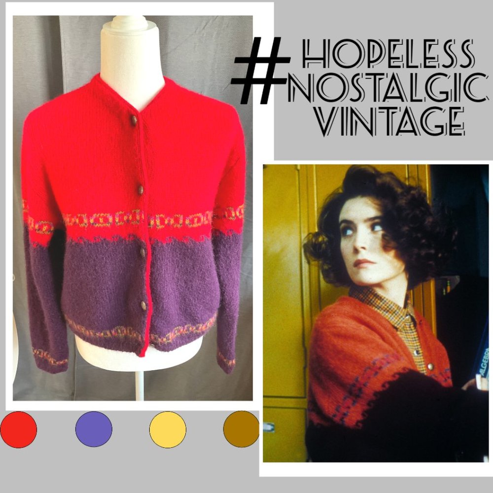 Donna Hayward's United Colors of Benetton wool button down sweater in red